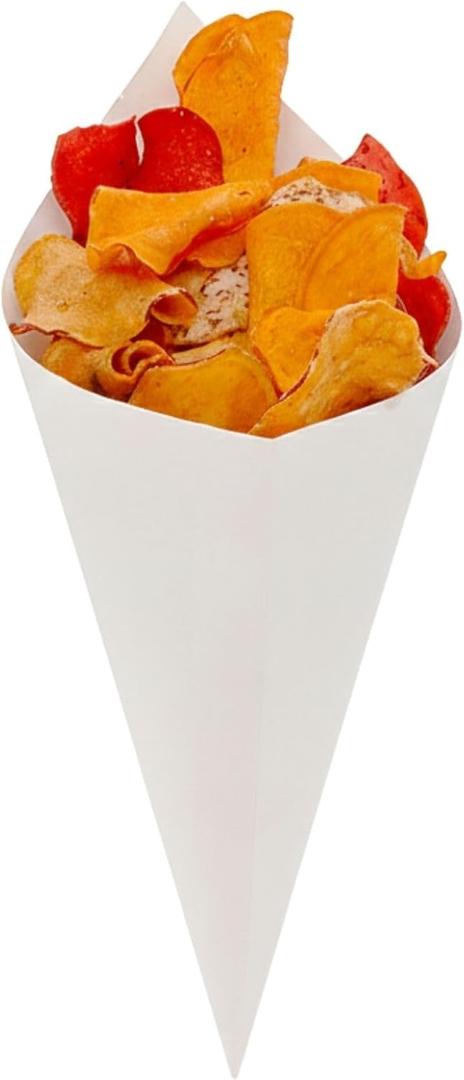 Restaurantware Conetek 10-Inch Eco-Friendly White Finger Food Cones: Perfect for Appetizers - Food-Safe Paper Cone - Disposable and Recyclable - 100-CT
