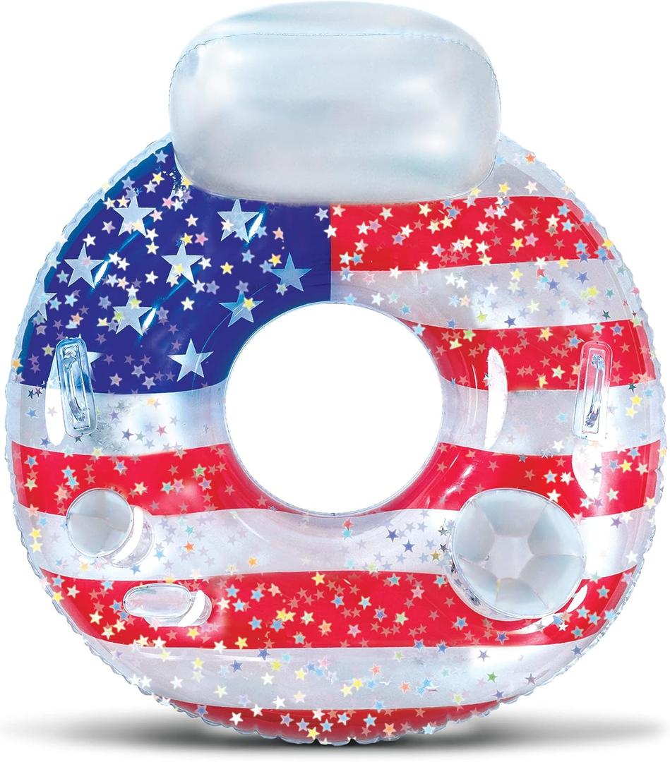 POZA Inflatable USA Pool Float - Luxurious Fun Lounger Filled with Sparkle Silver Stars Confetti, Cool USA Flag Design Water Swimming Pool Floaties for Beach, Lake & Pool (USA Luxury Tube)
