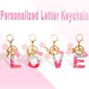 Alphabet Initial Letter Keychains for Women Pink White Tassel Flower Pendant Car Key Ring for Backpack Handbags Charm