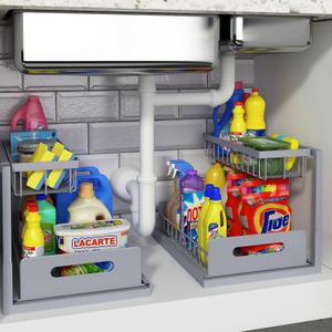 REALINN Under Sink Organizer, Pull Out Cabinet Organizer 2 Tier Slide Out Sink Shelf Cabinet Storage Shelves, Storage for Kitchen Bathroom, Grey, 2 Pack