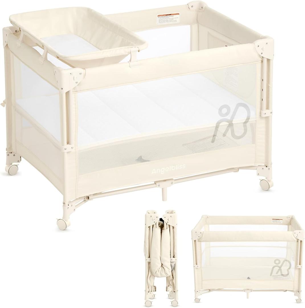 ANGELBLISS Baby Bassinet Bedside Crib, Pack and Play with Mattress, Diaper Changer, One-Push Setup Playards from Infants to Toddlers (Beige)