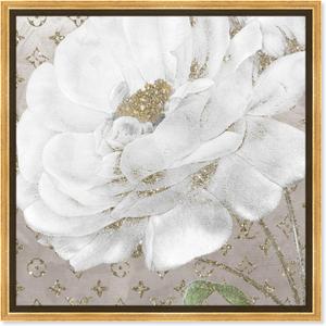 Ivory Flower Shine Taupe Canvas Elegant White Gold Wall Art, Gold Frame, 24" x 24"