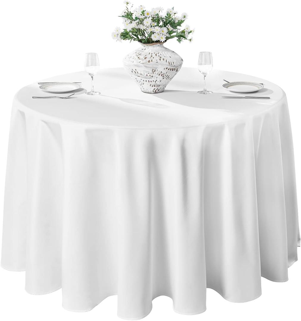 VidaFete 120inch Round Tablecloth Polyester Table ClothStain Resistant and Wrinkle Polyester Dining Table Cover for Kitchen Dinning Party Wedding Rectangular Tabletop Buffet Decoration(White)