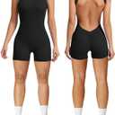 Litthing Women Short Jumpsuit Backless Scrunch Butt Workout Rompers V Back Yoga One Piece Unitards Sleeveless Gym Bodycon (Small, Black)
