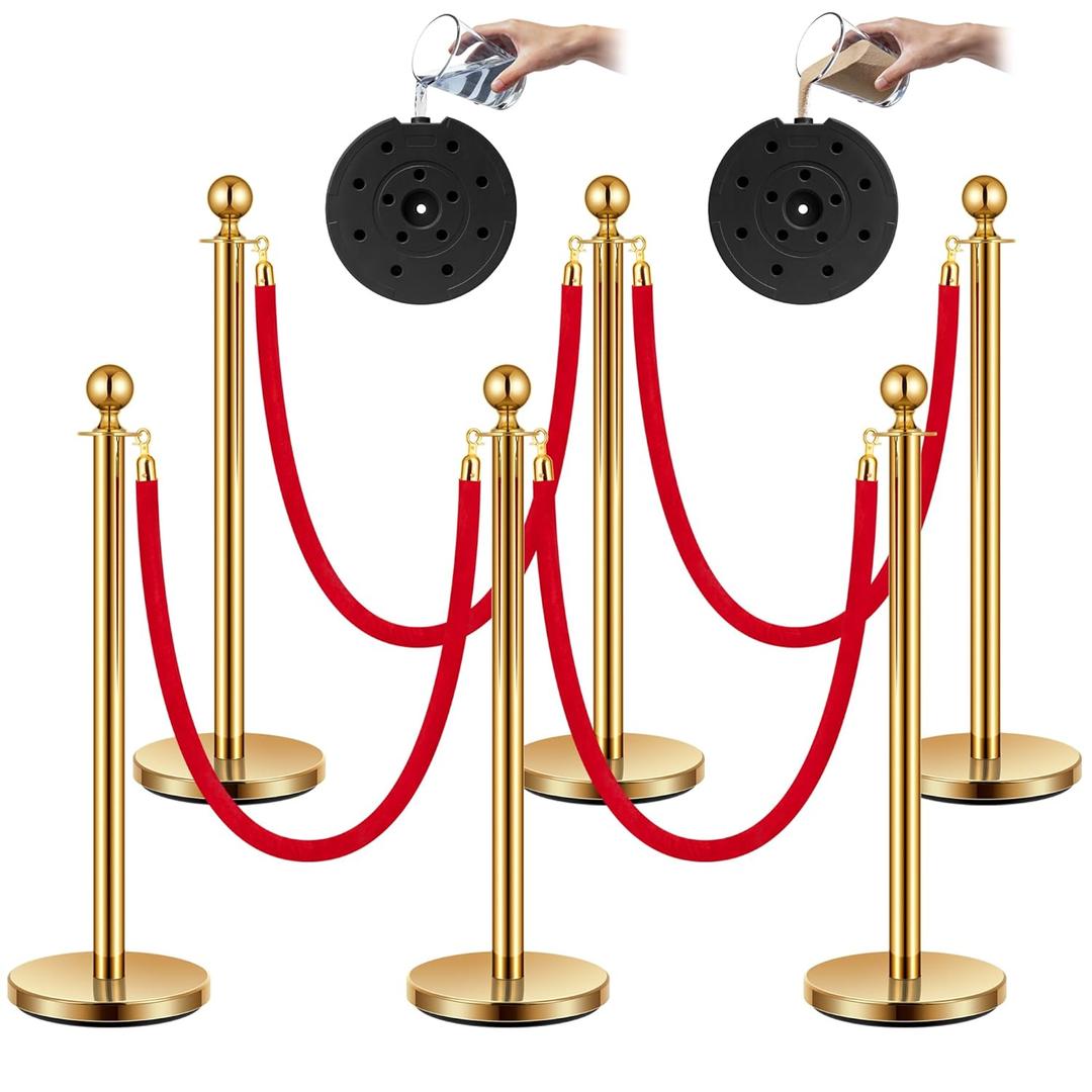 VIVOHOME Stanchions and Velvet Ropes 6PCS, Water-Fillable Base with Stainless Steel Post, 5 Feet Velvet Ropes and Posts, Crowd Control Barriers, Red Carpet Runner Poles for Party Supplies