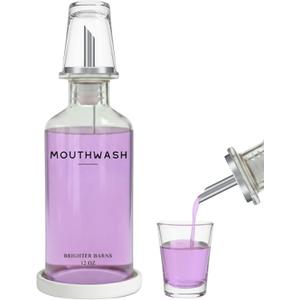 Glass Mouthwash Dispenser for Bathroom by Brighter Barns - Refillable Mouthwash Container with Glass Cup and Tray - Mouth Wash Dispensers for Bathroom Sink, Home Decor, Airbnb, Office, Hotel (Clear)