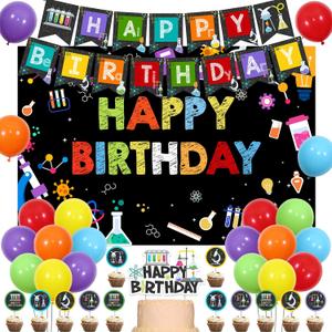 Science Birthday Party Decorations Boy Girl - Science Happy Birthday Backdrop Banner Cake Toppers Balloons, Chemistry Party Supplies Favors