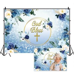 5x3ft Baptism Backdrops God Bless Crucifixion Blue Floral Glitter Sequins Sanctuary Decor Our Lord Jesus Banners for Christening Ceremony Baby Shower Church Event Christmas Easter Party