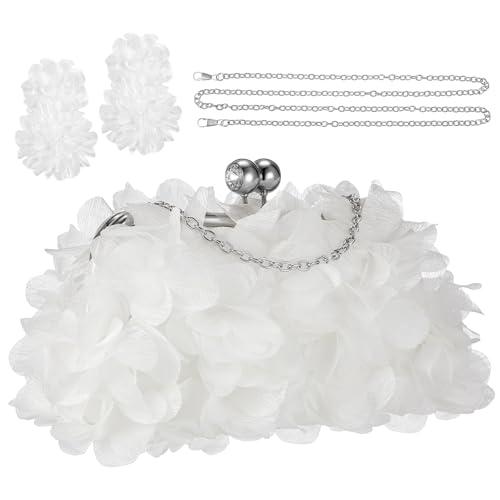 Sunnymove Women Evening Bag Floral Clutch Purse Flower Dangle Earrings Set with 2 Detachable Chain for Wedding, Party, Prom(White)