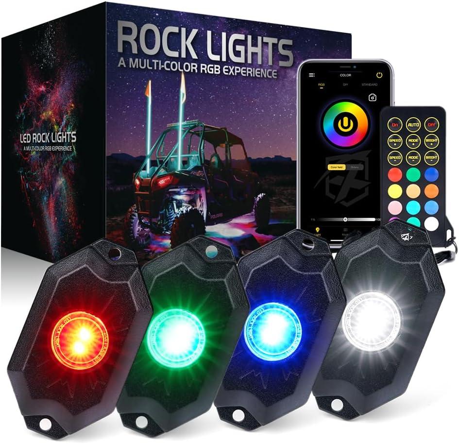 Xprite RGBW LED Rock Lights Kit with Bluetooth & Wireless Remote Controller, Multicolor Cars Underglow, Wheel, Footwell Neon Light Kits, for Off-Road UTV ATV Trucks SUV Motorcycle Boats - 4 Pods