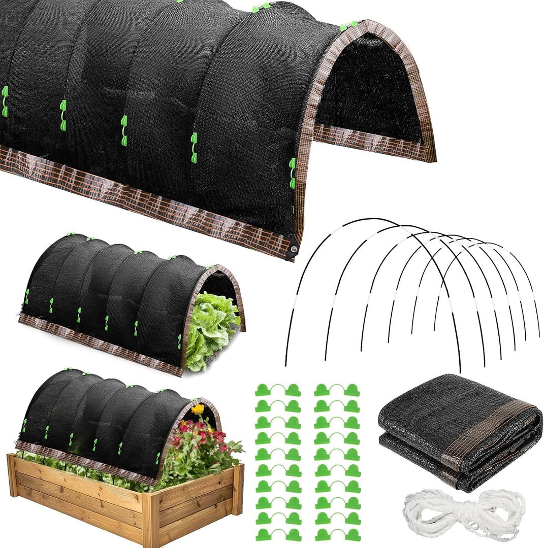 CIEOVO Plant Shade Cloth Set, 6 Sets of Greenhouse Hoops Clips for Raised Beds and Rope 6.56' x 4.9' Plant Umbrellas 70% Sunblock Shade Cloth for Greenhouse Outdoor Plants Vegetables