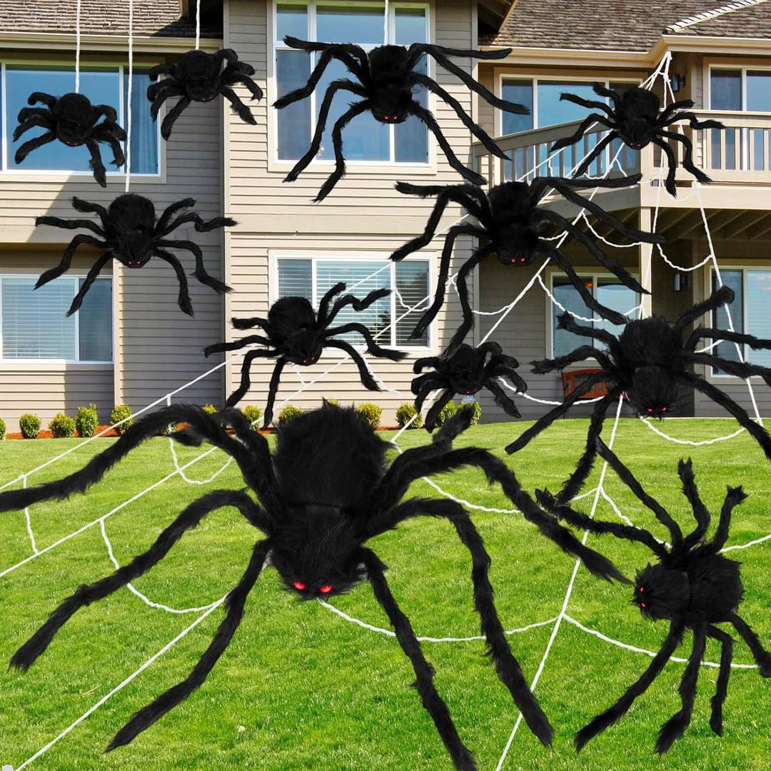 Sosation 12 Pcs Halloween Decorations Outdoor 4 ft Large Realistic Scary Fake Giant Spiders + 200" Big Spider Web Decoration Props for Halloween Outdoor Indoor Yard Lawn Garden Patio Party Decor