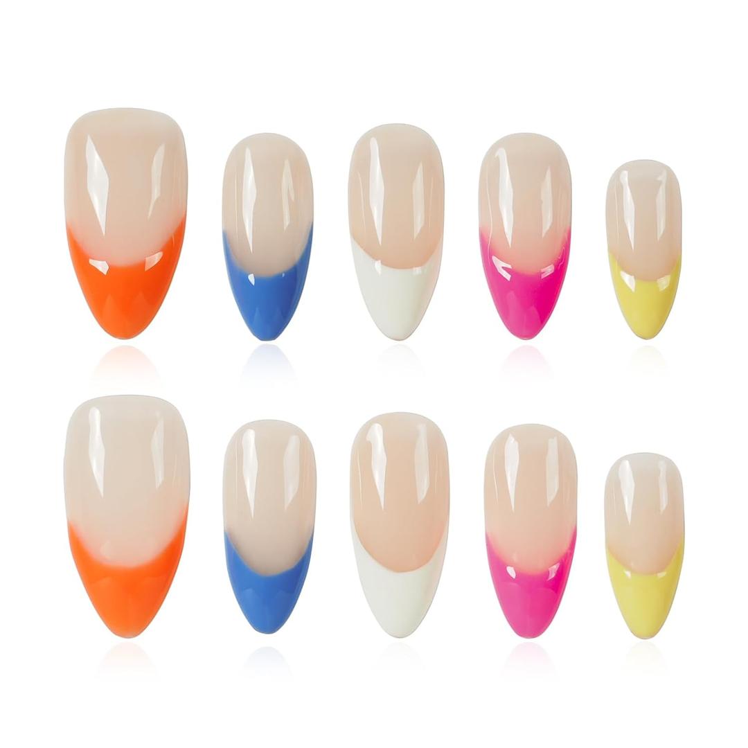 4 x Handmade Rainbow French Tip Press on Nails Medium Almond - Colorful Edge Design, Sheer Nude Glossy Reusable False Nails for Summer (Colorful Nude French,M)