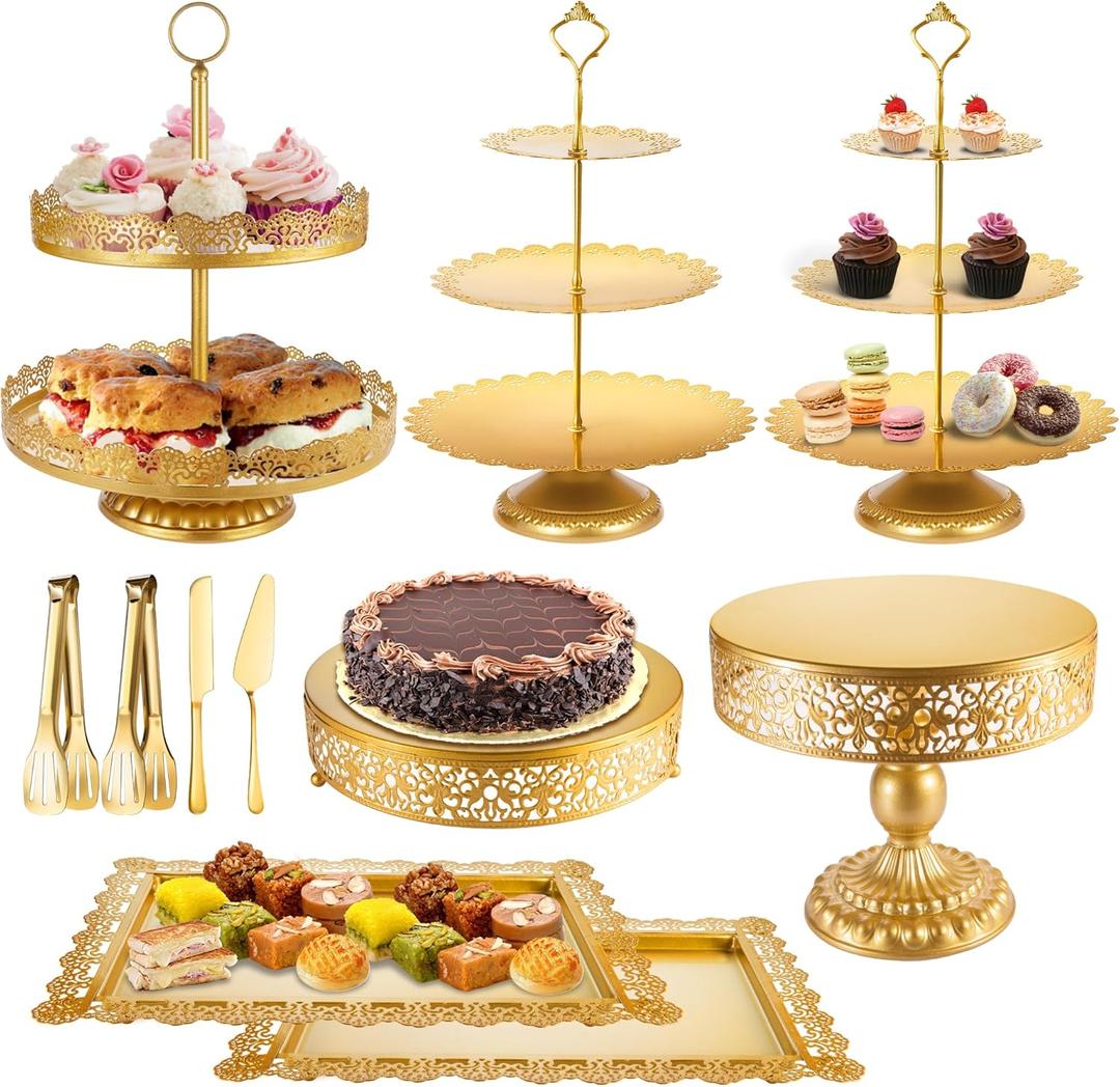 Gold Cake Stand Metal Dessert Table Display Set Tiered Cupcake Holder Fruit Candy Donut Plate Serving Tower Tray Platter (Gold)