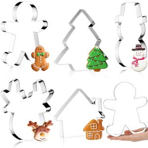 Nuogo 5 Pieces 7.5 Inch Large Christmas Cookie Cutters Holiday Cookie Cutters Stainless Steel Snowman Christmas Tree Gingerbread Man House Elk Christmas Cookie Mold for Baking Candy Pancakes