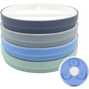Elk and Friends Kids 6.7 Porcelain Divided Plates with Silicone Suction Sleeves | Suitable for Babies/Kids/Toddlers | Microwave & Dishwasher Safe | Non Slip | Snack Dishes | 4 Pack (Sage/Misty Blue/Navy/Gray)