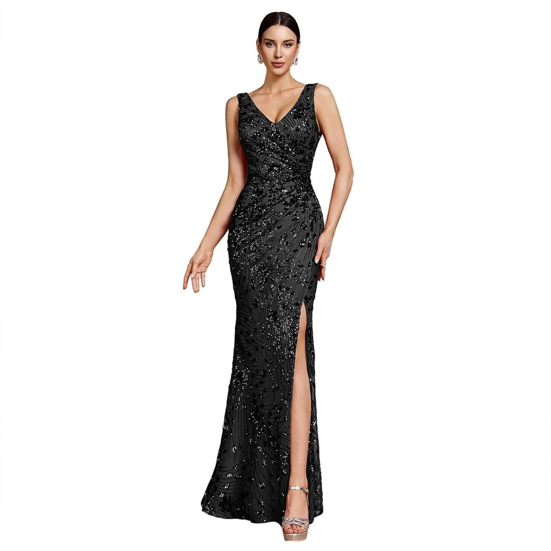 Elegant Long Sequin Formal Dress V-Neck Slit Design, Stretchy Fitted Glamorous (Black, XL)