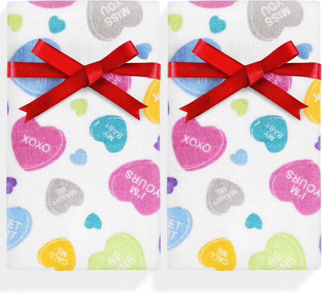 Quera 2 Pack Valentine's Day Conversation Heart Hand Towels 100% Cotton Bathroom Decorative Towels Set for Drying, Cleaning, Cooking, Holiday 13.7'' x 29.5''