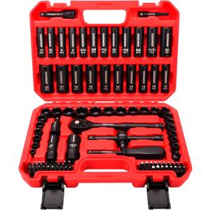 95-Piece 3/8" Drive Impact Socket Set, 6-Point Deep & Standard SAE/Metric CR-V Sockets with Ratchet Handle & Security Bits