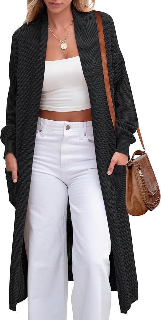 ANRABESS Womens Long Cardigan Sweater Open Front Long Sleeve Slouchy Oversized Coat 2024 Winter Chunky Knit Waffle Coatigan Black Large
