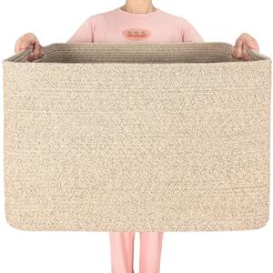 MINTWOOD Design 112L Extra Large Blanket Basket Holder Living Room, 25"x17"x16" Rectangle Rope Woven Storage Basket with Handles for Laundry, Towels, Shoes, Dog Toy Organizer Bin Box, Oatmeal Brown