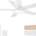 42 Inch Ceiling Fans with Lights and Remote, Flush Mount White Ceiling Fan for Bedroom Living Room Indoor/Outdoor, Quiet 6 Speed Reversible DC Motor, 3CCT, Dual Color 5 Blades, ETL Listed