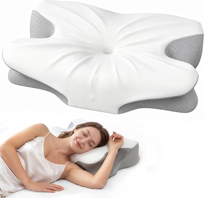 Cervical Memory Foam Pillow for Neck Pain Relief, Ergonomic Contour Pillow for Side, Back and Stomach Sleepers, Cooling Removable Breathable Pillowcase, Dual-Height Design, Queen Size