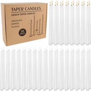 WPONSZU 50 Pack White Taper Candles, 7-8 Hours Burn Time, Unscented, Smokeless and Dripless, 4/5 x 10 Inch for Christmas,Household,Dinner,Wedding,Valentine's Day,Party and Home Dcor Candlesticks