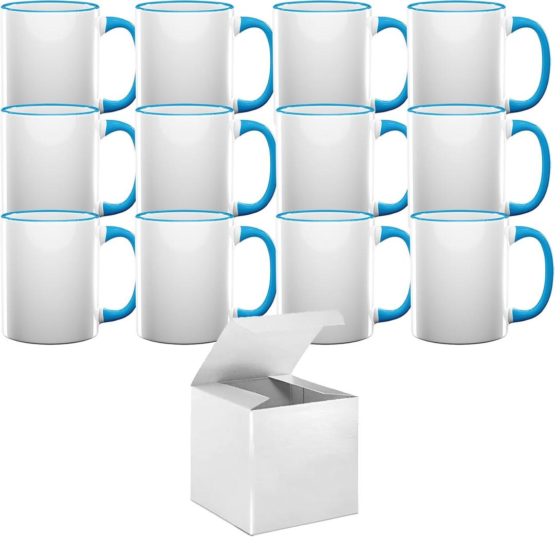TWISTED ENVY Mugsie 12 Pack 11 oz. LIGHT BLUE Rim & Handle- Ceramic Sublimation Mugs - Professional Grade Sublimation Mug- Sublimation Series - With Individual White Gift Boxes