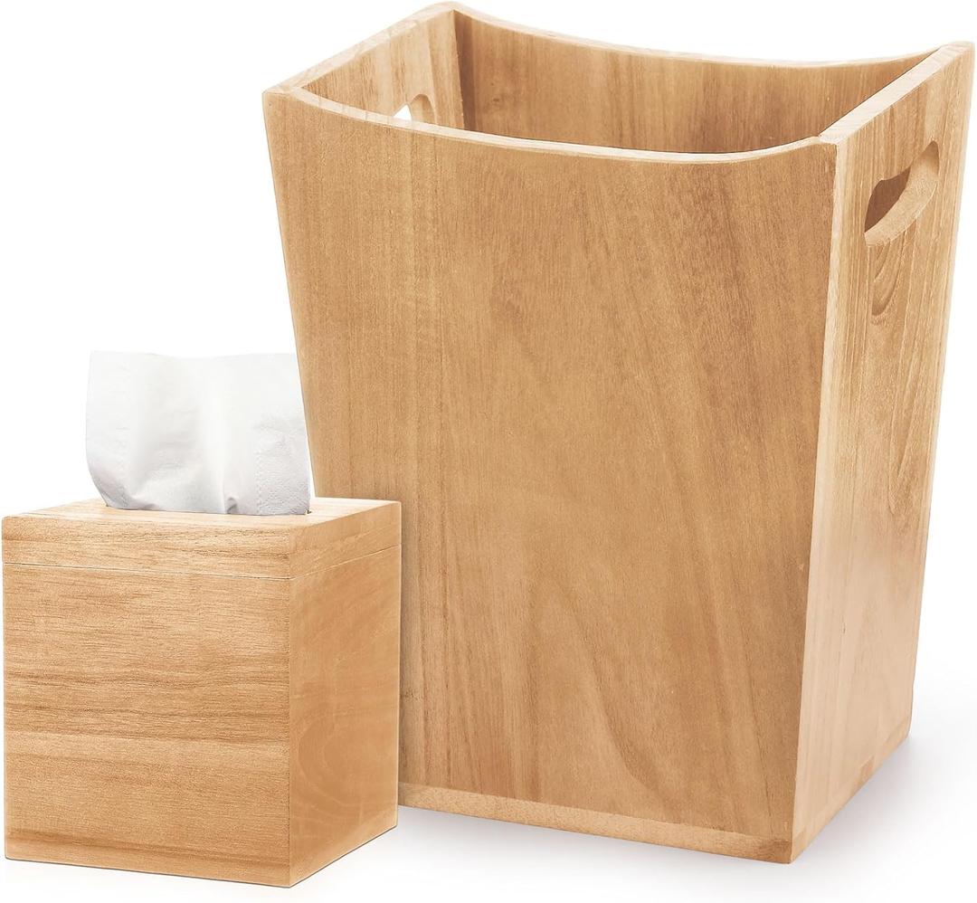 Reallnaive 2 Pcs Trash Can Wastebaskets and Tissue Box Set Rectangular Trash Basket Garbage Can for Bathroom, Living Room, Office, Kitchen(Wood Color,Brown)