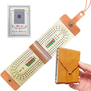 Travel Cribbage Board Game Set,Leather Foldable Cribbage Game with 6 Pags and 1 Playing Cards, Travel Portable Cribbage with Cards Storage Area, Board Games for Adults for Game Night