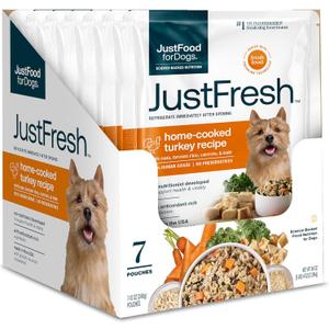 JustFoodForDogs JustFresh Fresh Wet Dog Food or Topper - Turkey, 7 Pack Fresh Pet Meals and Dog Toppers with No Preservatives, Resealable Package, Human Grade, Home-Cooked Turkey, 12 Oz Pouches, BBD 02/17/2028