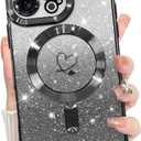 Bonoma Compatible with iPhone 16 Pro Case Support for MagSafe, Plating Heart Glitter Magnetic 2* Screen Protector TPU Camera Protection Back Cover for Girls Women -Black