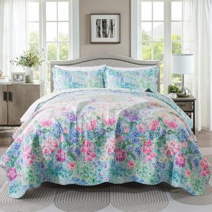 HoneiLife Quilt Set - King Size Floral Quilts, 3-Piece Microfiber Coverlets, Lightweight All Season Bedding Set - Dream Garden, Purple (King-106"x 96")