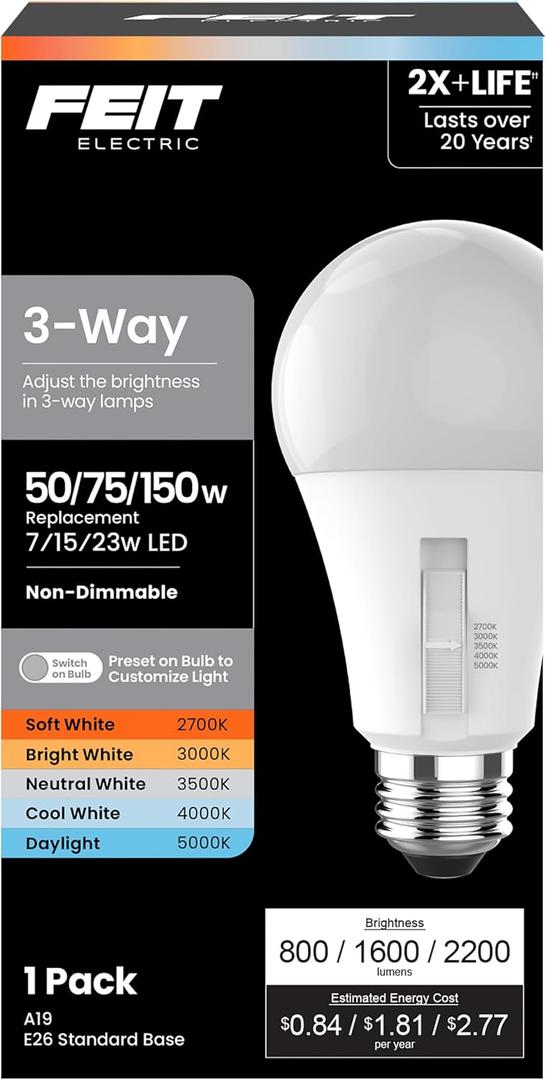 Feit Electric 3-Way A19 LED Light Bulb, 50/75/150W Equivalent, 5CCT Adjustable White (2700K5000K), 1600 Lumens, Dimmable, 25,000-Life Hours, Energy Saving for Lamps & Fixtures, OM50/150/5CCTCA