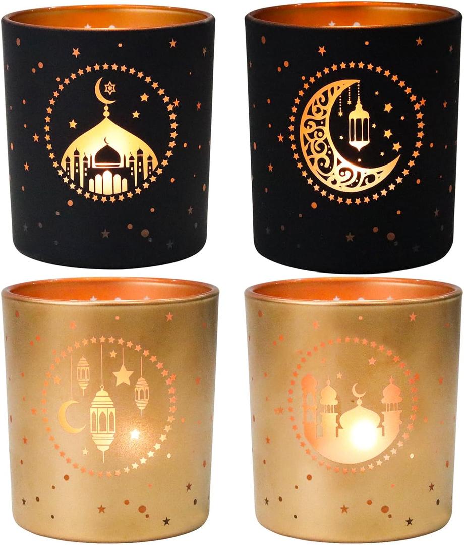 Black and Gold Ramadan Decor Set of 4, Modern Cylinder Glass Tealight Candle Holders, Eid Mubarak Table Decor, Mosque Moon & Star Votive Holders, Elegant Islamic Ramadan Gifts