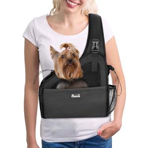Lukovee Dog Slings for Small Dogs, Hard Bottom Support & Adjustable Soft Padded Shoudler Strap Dog Sling Carrier, Dog Purse with Button Closure & Zipper Pockets (for Short Leg Pets up to 6 lbs,Black)
