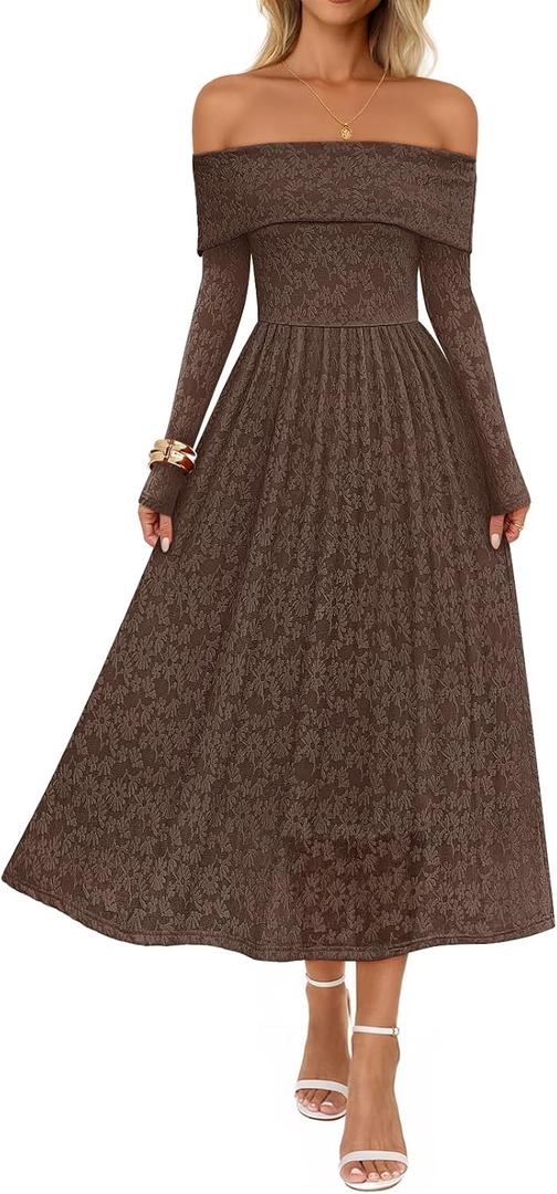 MEROKEETY Women's 2025 Fall Long Sleeve Floral Midi Dress Off Shoulder Wedding Guest Formal Long Flowy Dresses (Brown, L)
