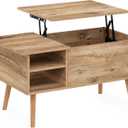 Furinno Jensen Living Room Wooden Leg Lift Top Coffee Table with Hidden Compartment and Side Open Storage Shelf, Flagstaff Oak
