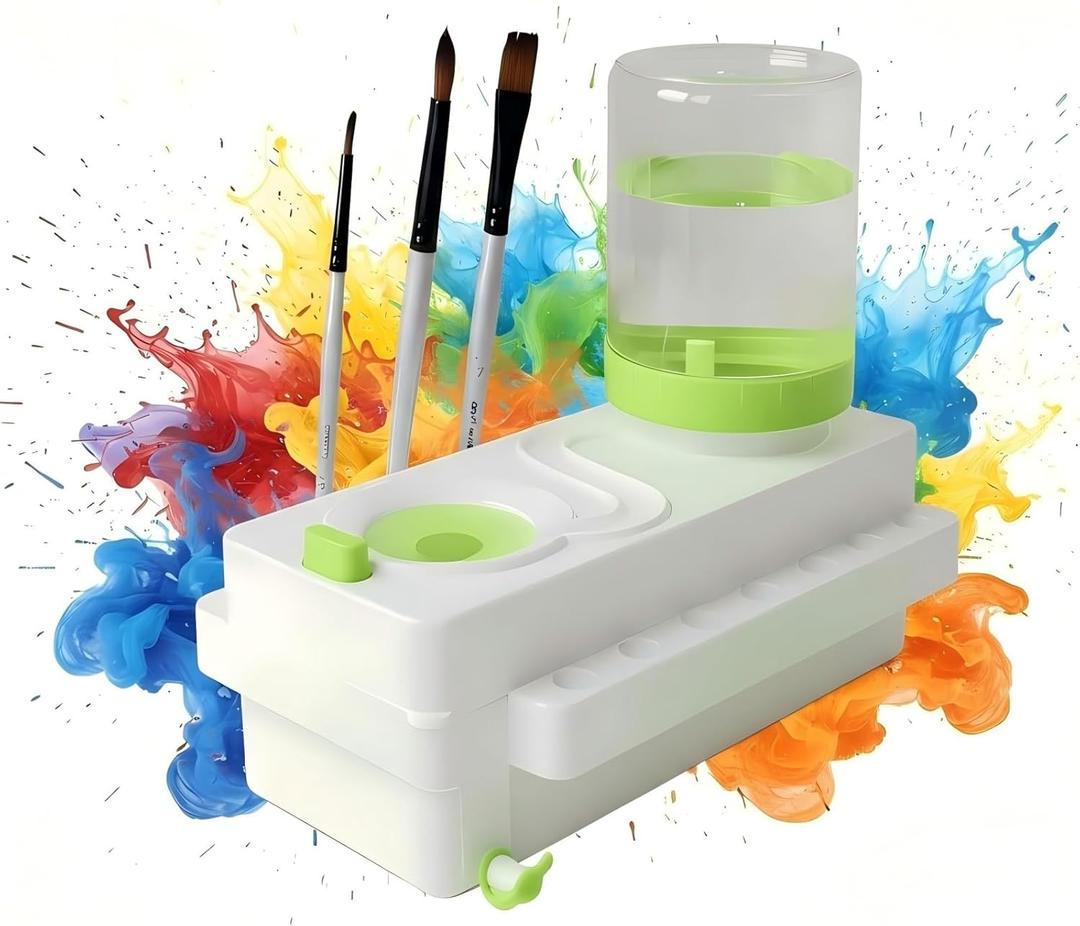 2025 Upgraded Paint Brush Cleaner with Water Circulation, 3-in-1 Portable Brush Washer & Rinser Station, Ultra-Lightweight Large 520ml Tank, Leak-Resistant Art Gift for Adults, Kids (Green)
