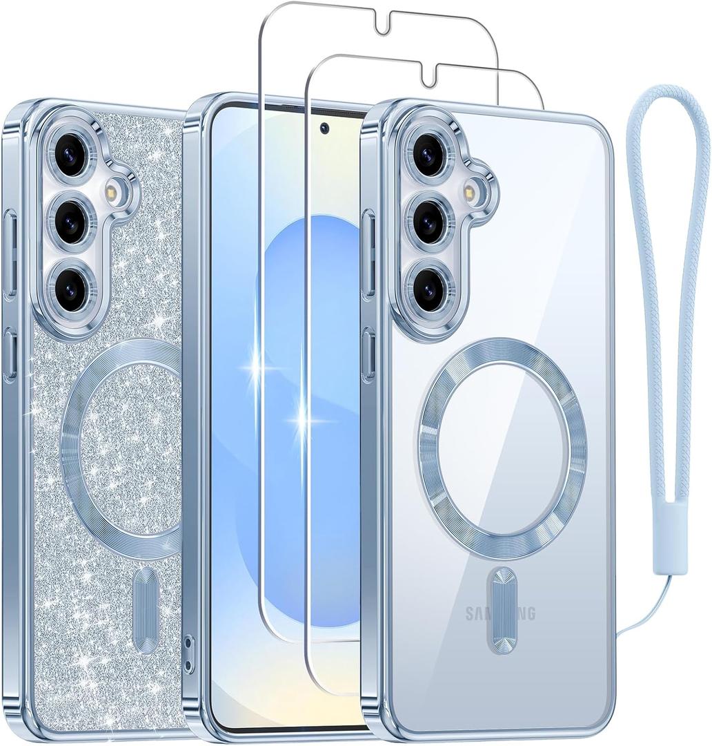 Meifigno Case Designed for Samsung Galaxy S25 Plus 6.7 inch, [Compatible with MagSafe] [2X HD Screen Protectors] [Glitter Card & Wrist Strap] Full Lens Protection Case for Galaxy S25 Plus, Icyblue