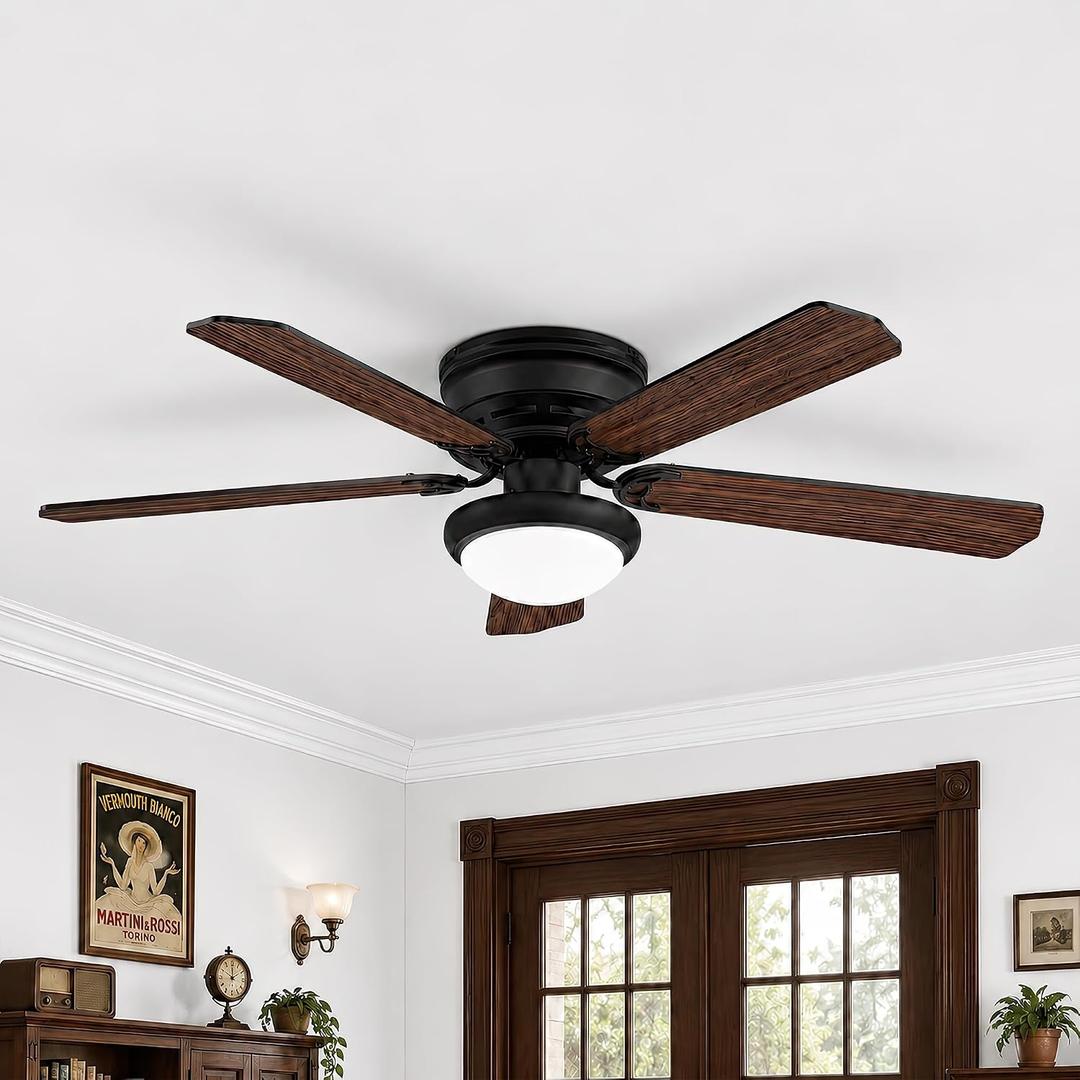 GREENEVER 52" Ceiling Fan with Lights, Remote, Flush Mount Low Profile | Quiet Reversible DC Motor, 6 Speed, 3CCT Dimmable Memory LED, 5 Blades, Noiseless, Modern Fan for Bedroom Living Room Kitchen