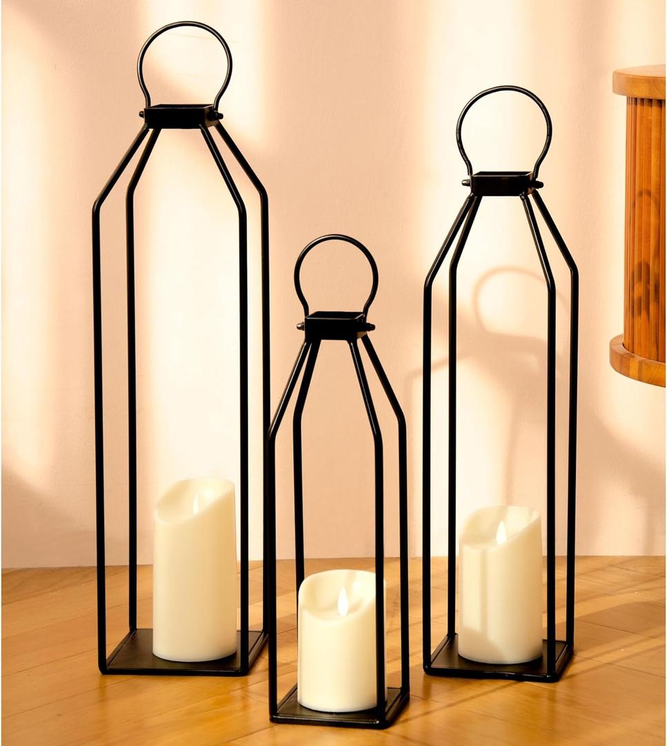 Perfnique Modern Farmhouse Lanterns, Set of 3 Black Metal Lanterns w/ 6hr Timer Flickering Flameless Candles, Decorative for Outdoor Decor, Front Porch, Indoor, Patio, Garden, Fireplace, Christmas (23inch & 20inch & 15inch)