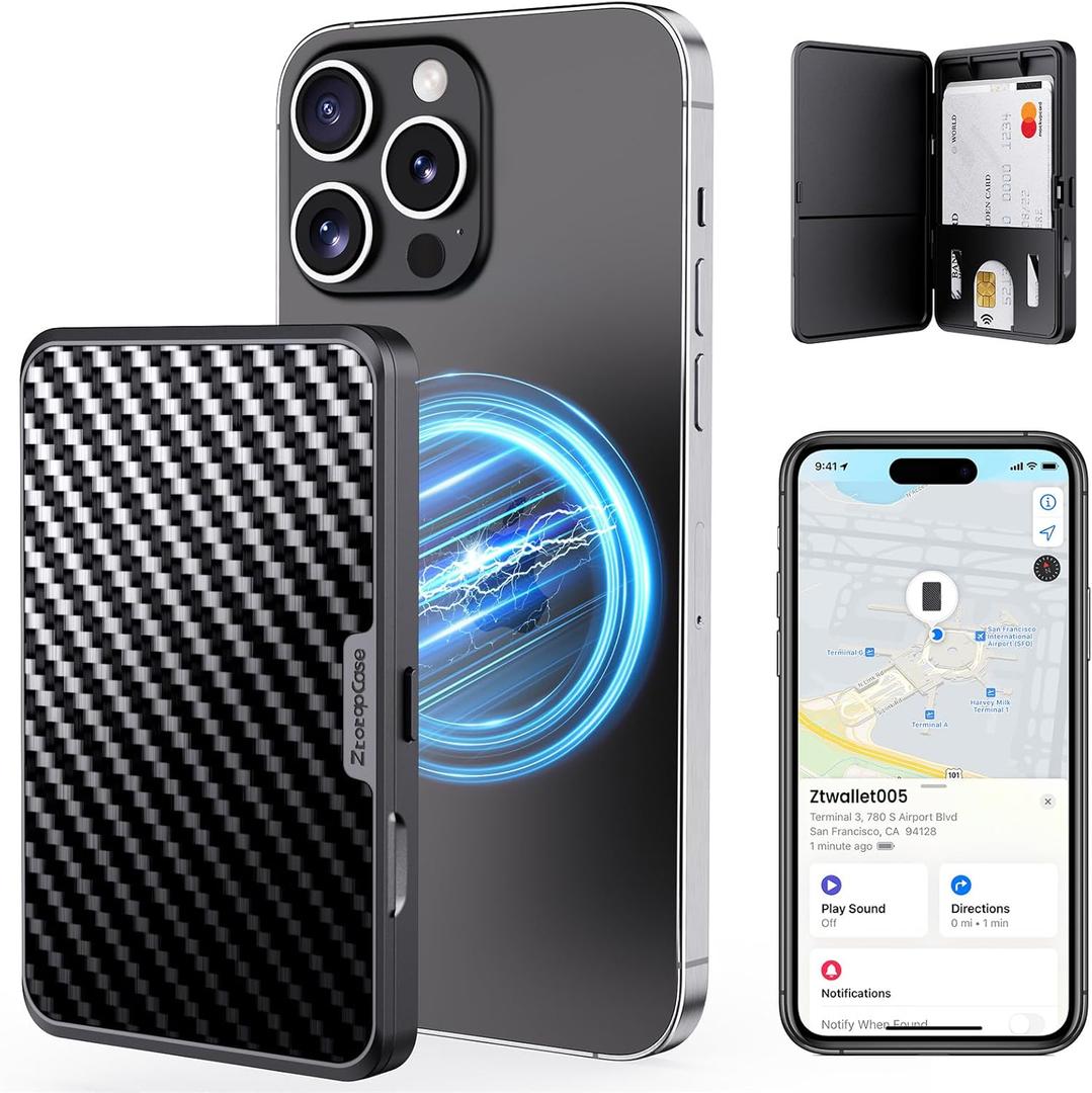 ZtotopCases Upgraded ultrathin for Magsafe Wallet, Works with Apple Find My, RFID Blocking, Stronger Magnetic Wallet & Card Holder, for iPhone 16/15/14/13/12 Series, Fit 2-3 Cards, Carbon Black