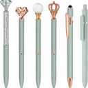 Qeeenar 6 Pcs Ballpoint Pens Set Metal Crystal Diamond Pen for Journaling Glitter Pretty Black Ink Fancy Gifts Cute Stationery for Women Girls Teacher Office Wedding School Supplie (Sage Green)