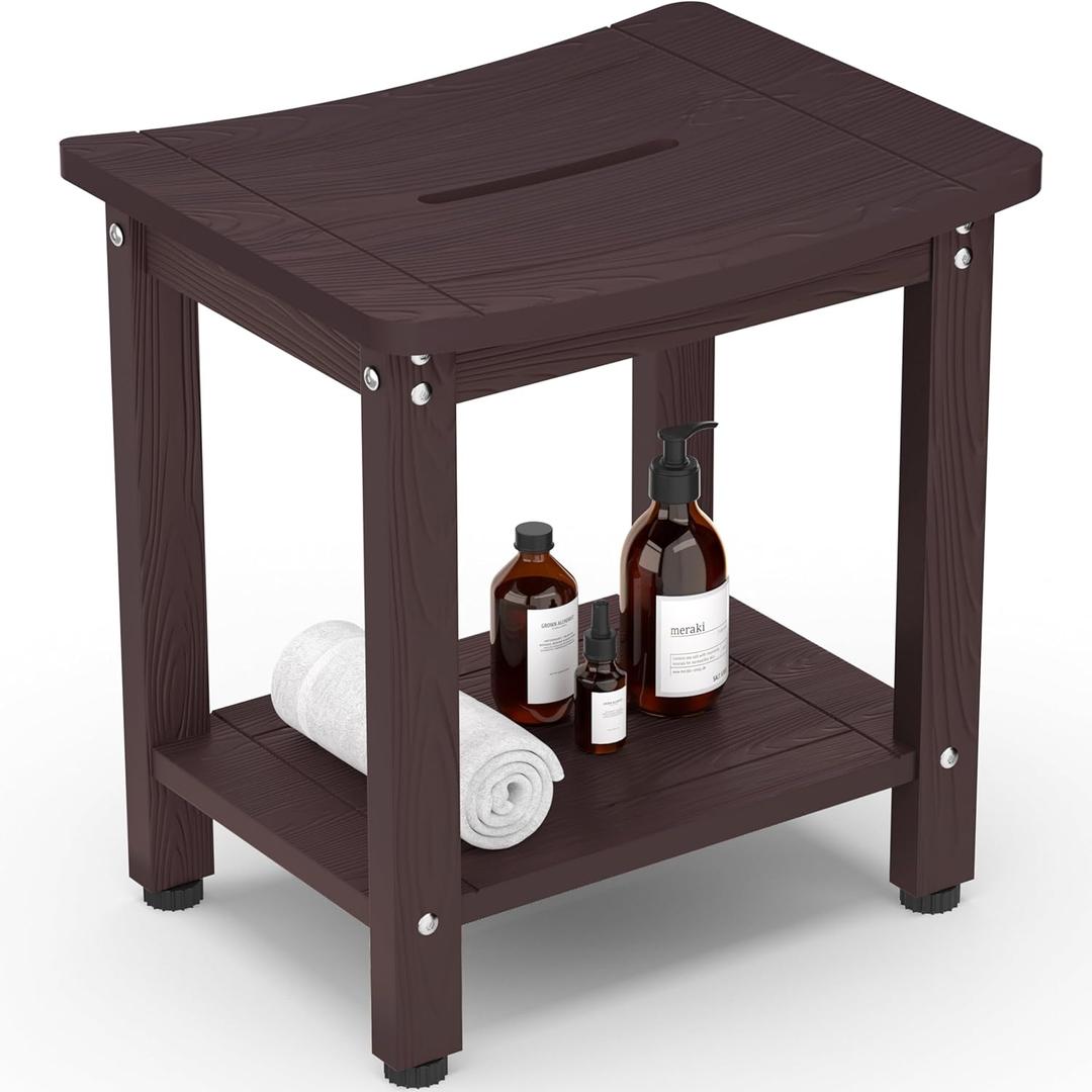 Y&M Shower Benches for Inside Shower to Sit On, HDPE Indoor Shower Seat for Adults Waterproof Outdoor Shower Chair Bathroom Rest Foot Stool with Storage Shelf, Espresso