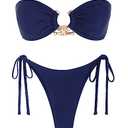 ZAFUL Strapless Metallic Cutout Bandeau Bikini Set High Leg Bikini Sets Glitter Swimsuit Cute Bathing Suits Deep Blue M