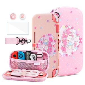 HYPERCASE Pink Girly Switch Lite Carrying Travel Case Cute Cartoon Pattern, with Switch Lite Skin Cover Protector TPU Softshell, HD Screen Protector, Shoulder Strap & 2 Thumb Grips