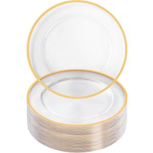 Goodluck 12 Inch Charger Plates, 50 Pack Clear Charger Plates with Gold Trim, Plastic Charger Plate Bulk for Dinner, Wedding, Party, Event Decoration, Clear&Gold