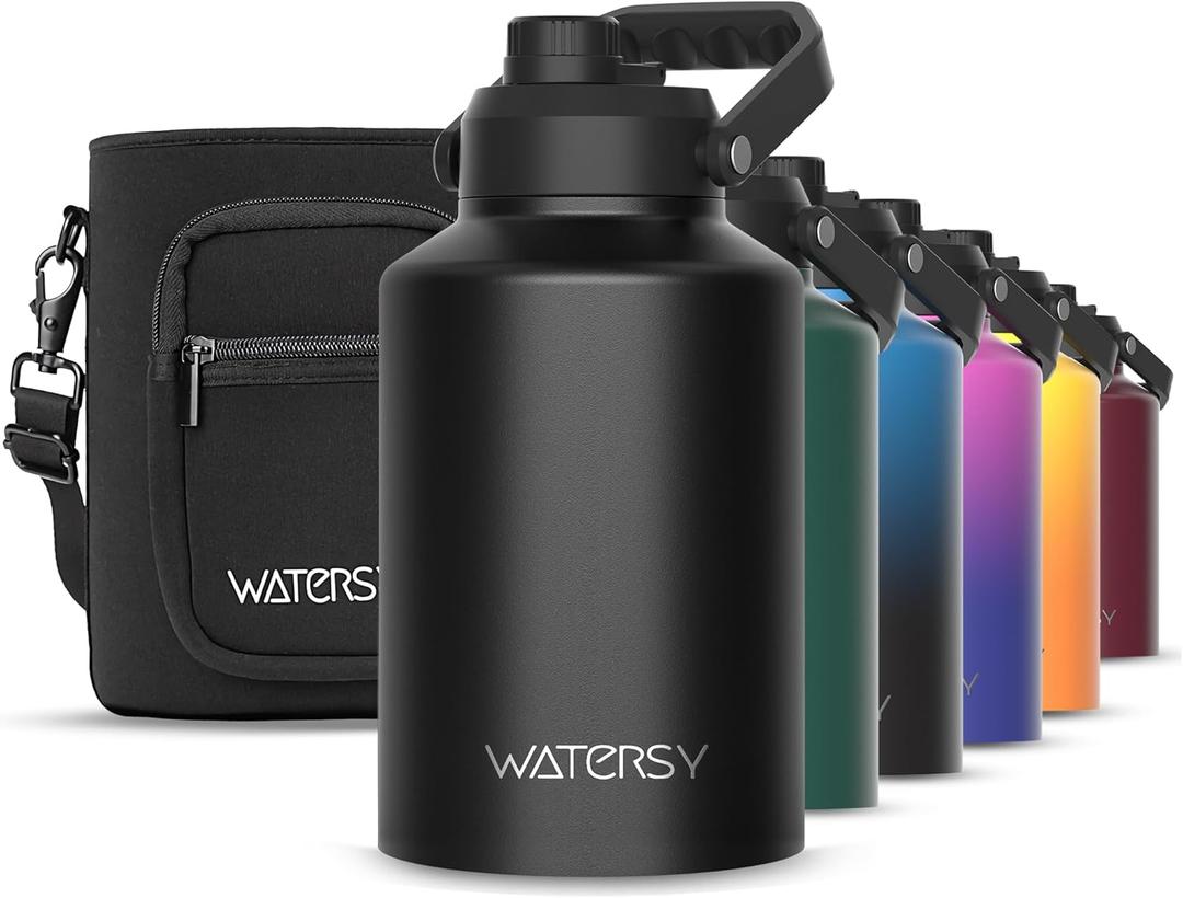 WATERSY 1 Gallon Water Bottle Insulated(Cold for 48 Hrs), BPA Free&Leak Proof, 128oz Stainless Steel Water Jug with Handle for Gym, Hiking, Camping&Travel, Black Large Thermo